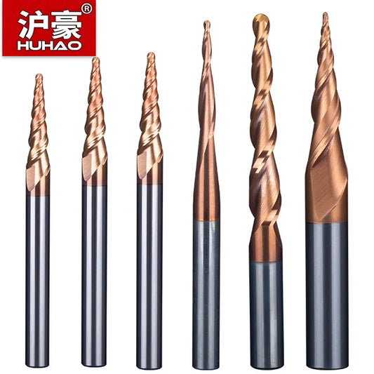 HUHAO Spiral Ball Nose Tapered End Mill HRC55 Tungsten Solid Carbide CNC End Mill 4mm 6mm 8mm 3D Carving Bits Wood Metal Tools