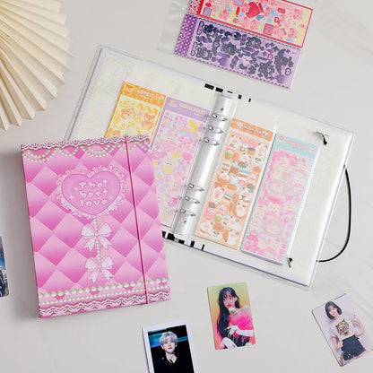 SKYSONIC Papeleria A5 Binder Ring Hard Cover Collect Book Pearl Heart Journal Refills Bandage Postcards Sticker Organizer