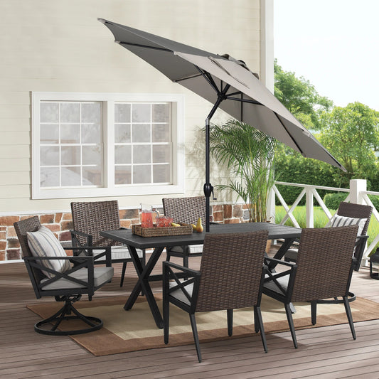 9Ft Stone Round Outdoor Tilting Market Patio Umbrella with Crank Outdoor Patio Dining Set, with Patio Umbrella (Us Stock)