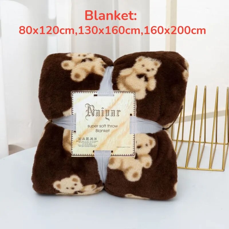 Cute Bear Winter Warm Blanket Faux Rabbit Fur Soft Blankets for Livingroom Sofa Throw 130x160cm Plush Fur Bedspread 160x200cm