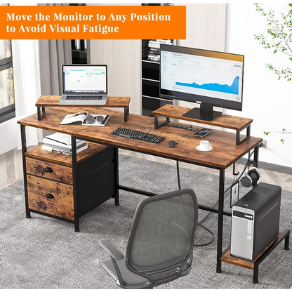 Furologee Desk with Drawer and Power Outlets, 55" Large Compter Desk with Fabric File Cabinet and 2 Movable Monitor Shelf