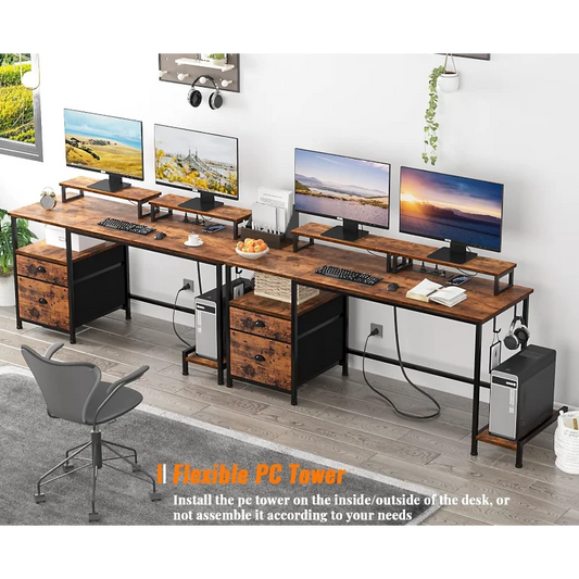 Furologee Desk with Drawer and Power Outlets, 55" Large Compter Desk with Fabric File Cabinet and 2 Movable Monitor Shelf