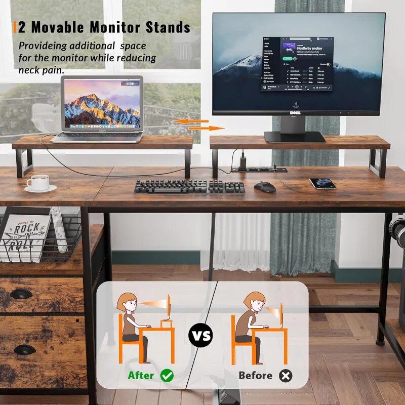 Furologee Desk with Drawer and Power Outlets, 55" Large Compter Desk with Fabric File Cabinet and 2 Movable Monitor Shelf