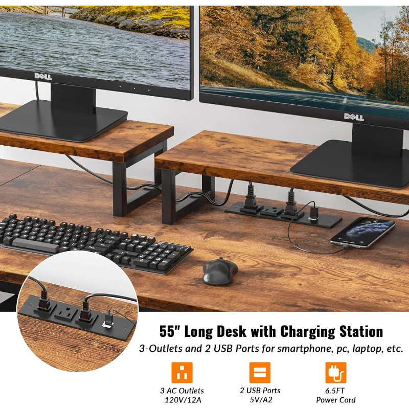 Furologee Desk with Drawer and Power Outlets, 55" Large Compter Desk with Fabric File Cabinet and 2 Movable Monitor Shelf