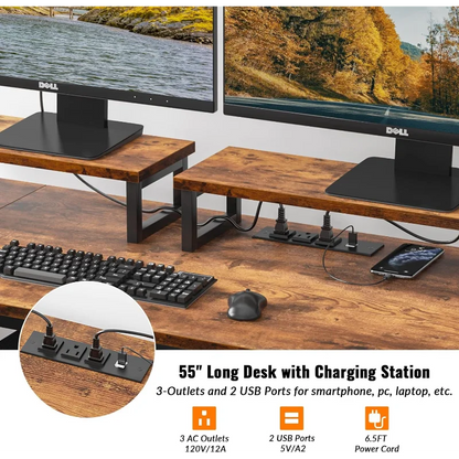 Furologee Desk with Drawer and Power Outlets, 55" Large Compter Desk with Fabric File Cabinet and 2 Movable Monitor Shelf