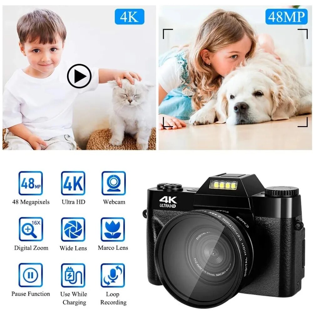 4K HD Digital Camera Vlogging Camcorder for Youtube WIFI Webcam Wide Angle 16X Digital Zoom 48MP Photography 3 Inch Flip Screen